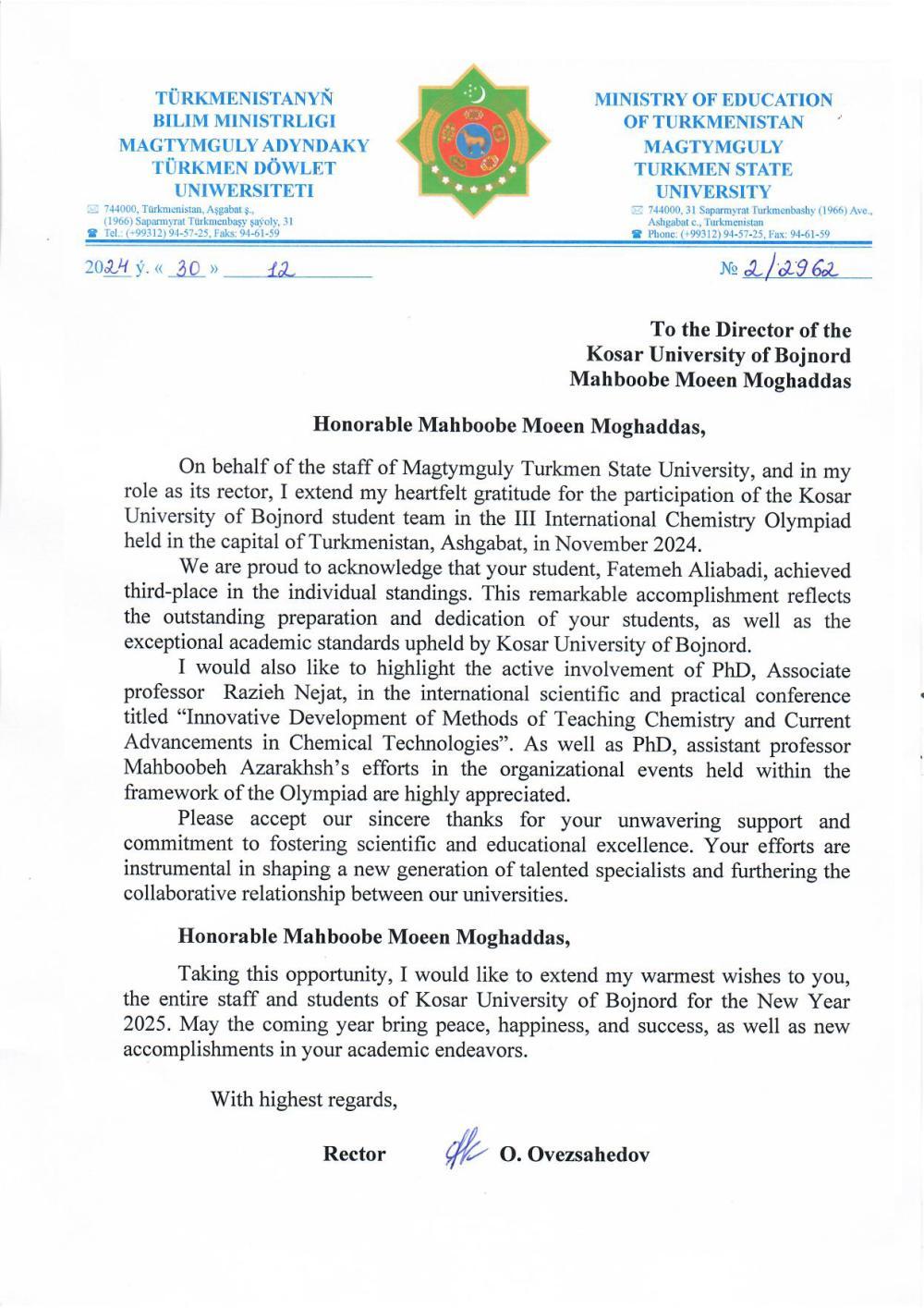 The President of Makhtumkuli University of Turkmenistan expressed his gratitude to the President of Kosar University.